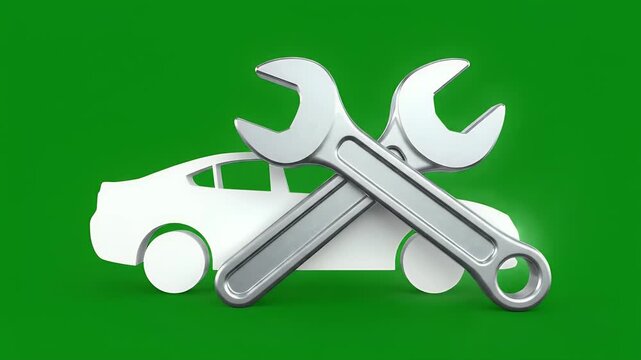 Crossed silver wrenches overlap a white car silhouette on a solid green backdrop