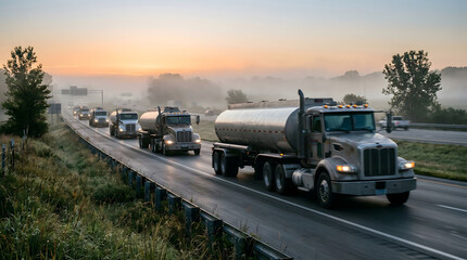 Obraz premium Truck convoy on highway at sunrise, transport logistics