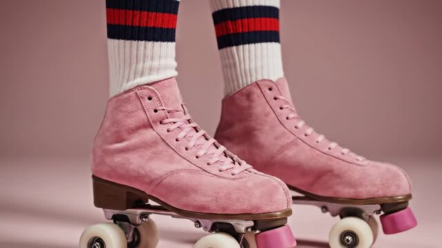 This features a close-up shot of a person's foot wearing a pink roller skate with white wheels and a striped sock, set against a plain background. The retro aesthetic and fun props evoke a sense of