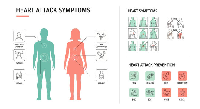 Medical Infographic of Heart Attack Symptoms and Prevention Tips for Men and Women
