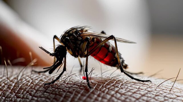 This video features a close-up shot of a mosquito on a net, with other insects and mites visible in the background. The footage highlights the risk of disease transmission from these tiny creatures