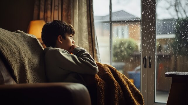 A boy sits quietly by the window, watching raindrops fall outside. He feels cozy and deep in thought while wrapped in a blanket.