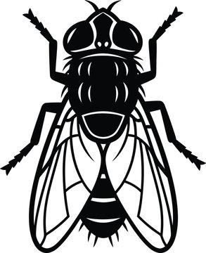 Black and white graphic icon depicts a detailed housefly viewed from directly above against white.