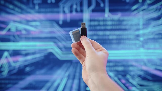 Hand holding USB flash drive with digital network background