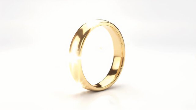 A polished gold band ring reflects bright light against a white background