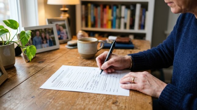 Closeup of a customer carefully filling out beneficiary designation form at a home desk soft focus on surrounding personal items.