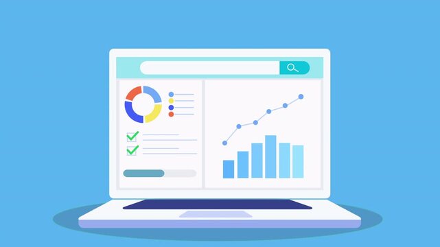 Flat animation of a laptop dashboard with pie chart, bar chart, checklist indicators, progress bar, and rising line graph, representing data analytics, task progress, and business growth tracking.