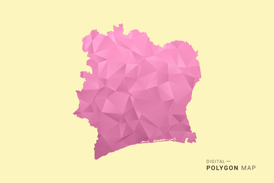 Ivory Coast Map - Low poly polygon map design in soft pink pastel gradient on beige background, modern minimal geometric style, clean digital vector illustration.