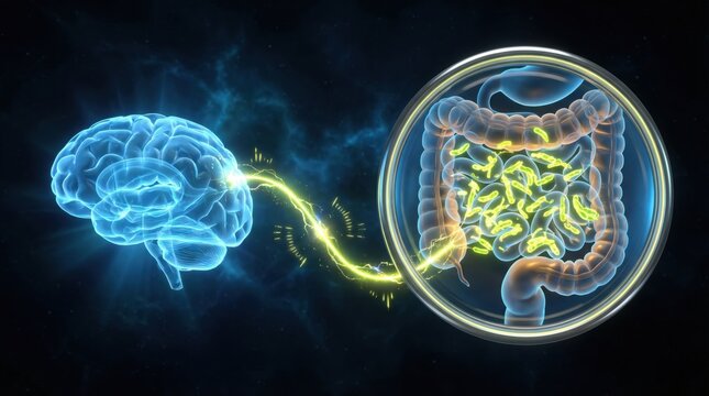  Gut-brain axis concept. Glowing holographic human brain connected to intestines with active yellow microbiome bacteria via electrical impulse. 3D medical illustration