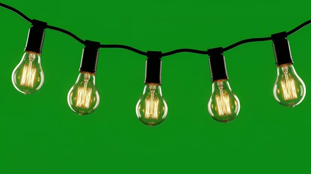 A string of five vintage style light bulbs illuminated against a green background