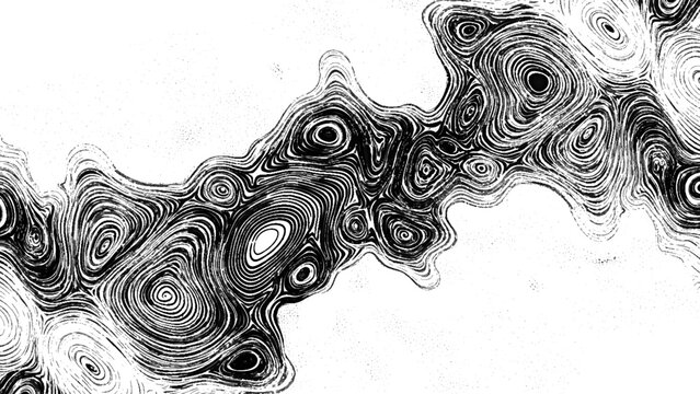 Black and white abstract swirling pattern with concentric circles and wavy lines on white background