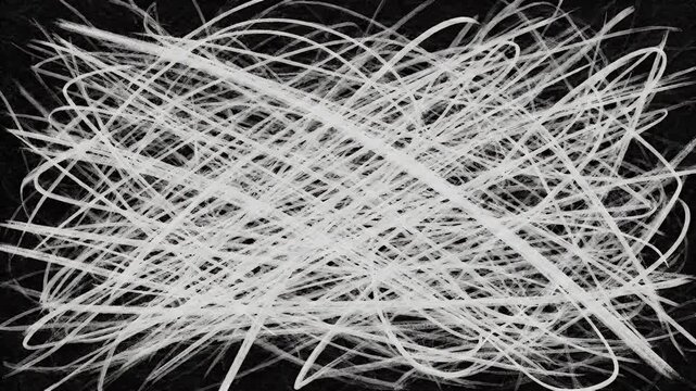 Abstract tangled white threads crisscross on a dark textured background