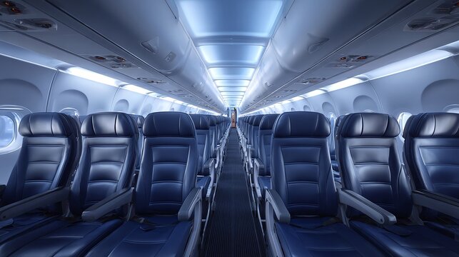Airplane interior with empty seats rows.