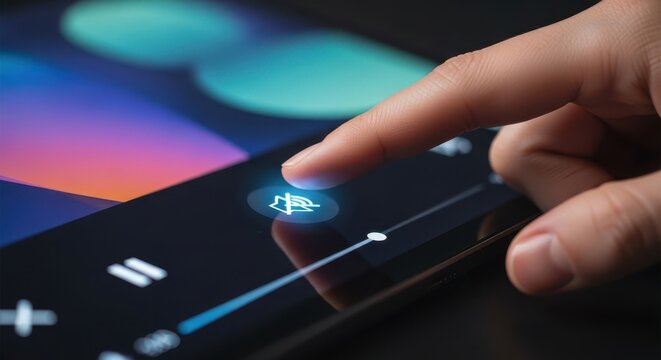 Close up of a hand pressing a virtual mute button on a media player interface stopping sound