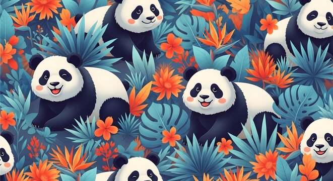 Vibrant panda pattern with tropical foliage and flowers