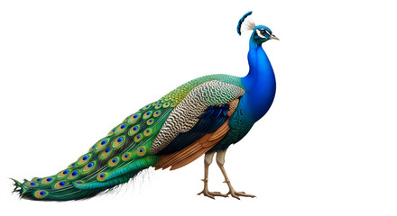 Obraz premium A vibrant peacock standing proudly isolated on transparent background with stunning green and blue feathers