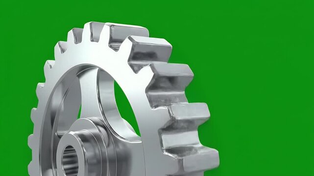 Close-up of a shiny metal gear against a vibrant green background, highlighting its intricate teeth and cylindrical hub