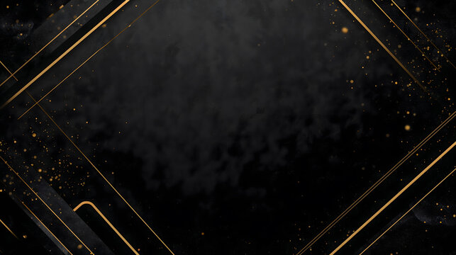 Luxury black and gold geometric frame background with golden sparkles