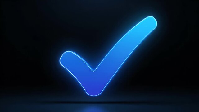 Glowing neon blue checkmark against a dark background, symbolizing success and approval