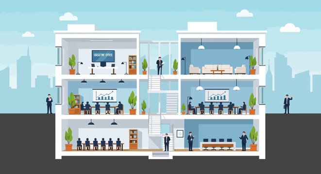 Flat Vector Cross-Section Illustration of a Modern Multi-Story Office Building showing Business People, Meeting Rooms, and Executive Workspaces