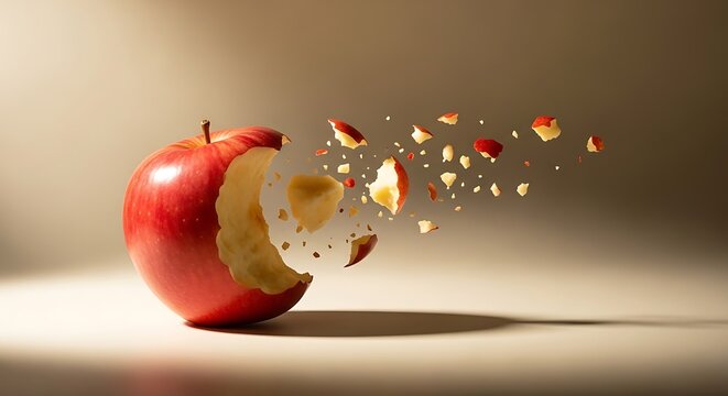 Red apple exploding into pieces on beige surface