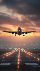 Fototapeta premium Airplane landing on runway at sunset.