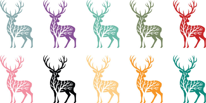 Colorful Deer Silhouettes with Tree Antlers White Background, Artistic Deer Silhouette Set Nature Inspired Design