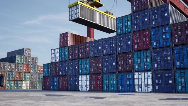 Breathtaking view of a global supply chain operations and maritime logistics at a modern port facility. A gantry crane spreader hoisting a shipping container in a massive stack. Ocean transportation a