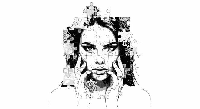 Portrait of a woman in puzzle pieces, intense gaze, hands framing face