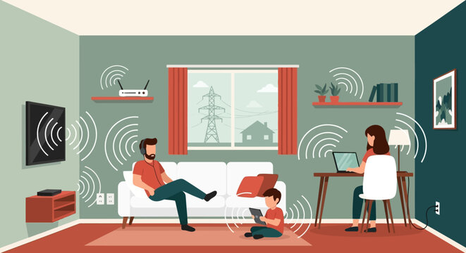 Family in Living Room Surrounded by EMF Radiation and WiFi Signals Illustration - Concepts of Smart Home Connectivity and Digital Health Concerns