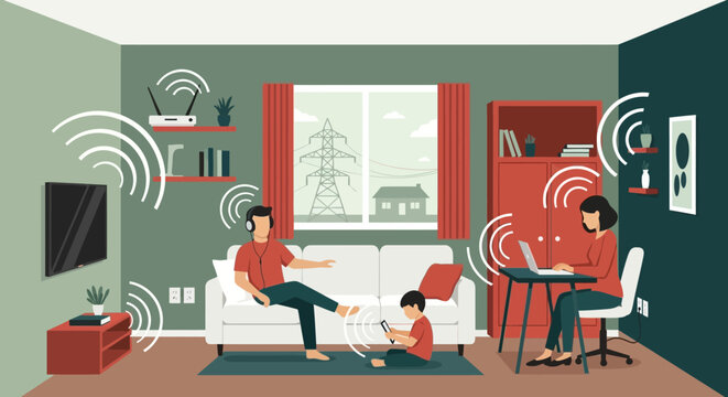 Electromagnetic Radiation and EMF Exposure in a Modern Home with Family Using Multiple Devices Illustration