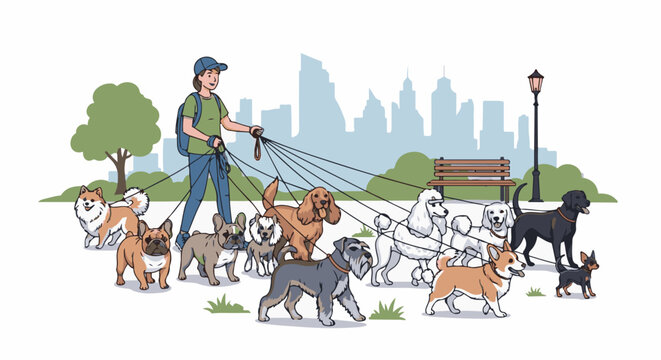 Person walking many dogs of various breeds in a park with city skyline background