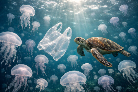 Sea turtle swimming near floating plastic bag among jellyfish underwater. Marine pollution concept. Realistic underwater wildlife illustration. Ocean plastic waste and environmental conservation. Desi