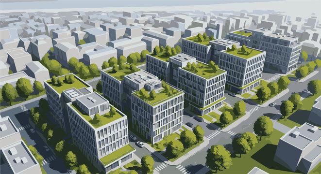 Overhead view of modern office buildings with green roofs amidst urban sprawl