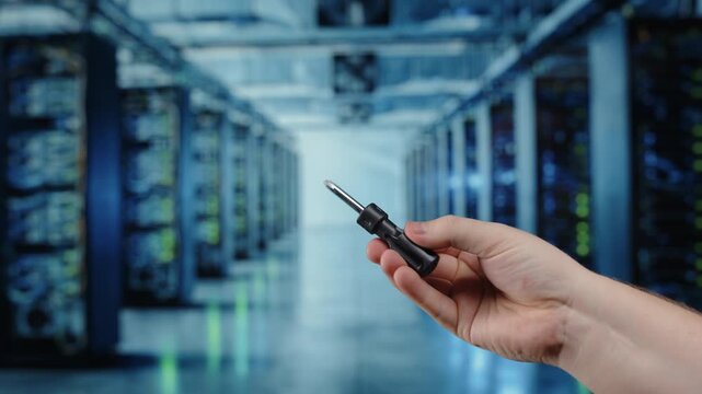 Hand holding audio jack connector in data center server room