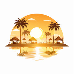 Tropical travel flat icon vector illustration of an exotic island beach with palm tree silhouettes against a summer sunset ocean landscape © Muchly