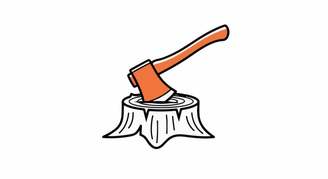 Orange axe lodged in a white tree stump with black outlines