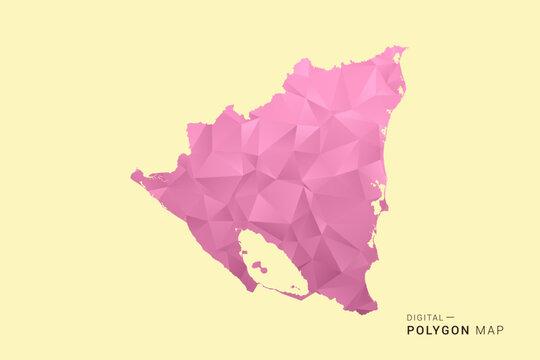 Nicaragua Map - Low poly polygon map design in soft pink pastel gradient on beige background, modern minimal geometric style, clean digital vector illustration.