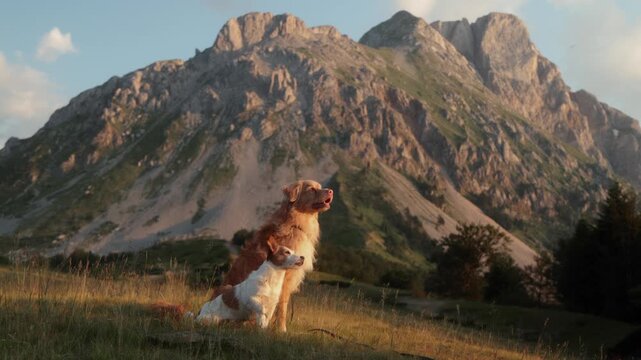 A large golden dog lies quietly on a mountain slope with rocky peaks in the background. Captured in 4K, the frame shows a peaceful moment in nature.