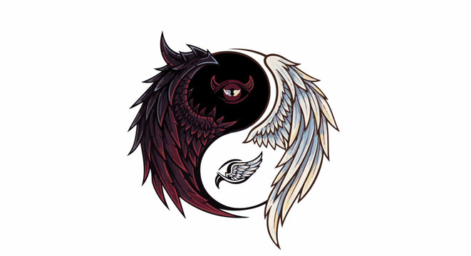Pixelated yin-yang symbol with devil eye and wings