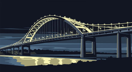 Obraz premium Lit bridge arching over water at night with reflections