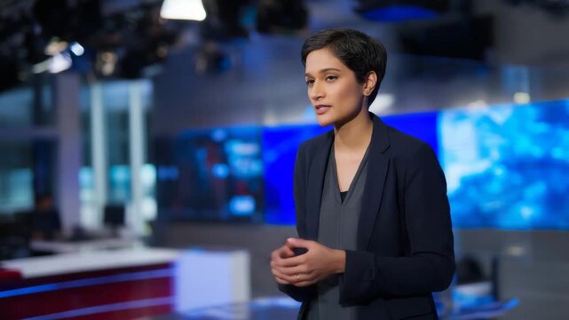 Female media professional speaking in broadcast studio, European, Asian, African, television presenter, journalism, newsroom, communication