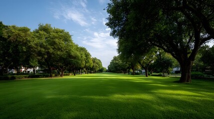 Fototapeta premium A vibrant green lawn stretches between lined trees under a clear blue sky with white clouds bathed in d d sunlight