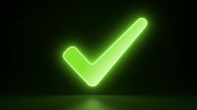 Neon green checkmark glows against a dark, reflective surface