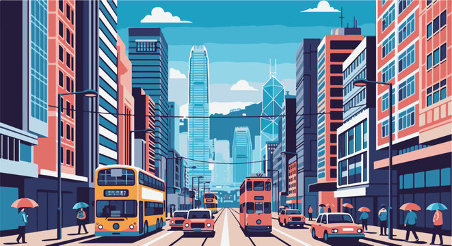 Pixelated cityscape with trams, buses, cars, and pedestrians under umbrellas