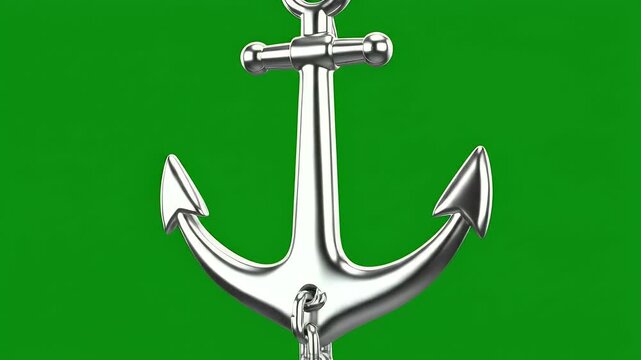 Polished metal anchor with chain link suspended against a vibrant green background