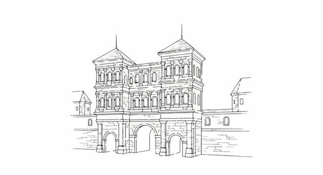 Ornate stone gatehouse with twin turrets and arched passageways