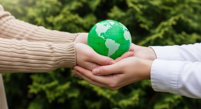 Hands holding a green globe egg symbolizing environmental care and partnership