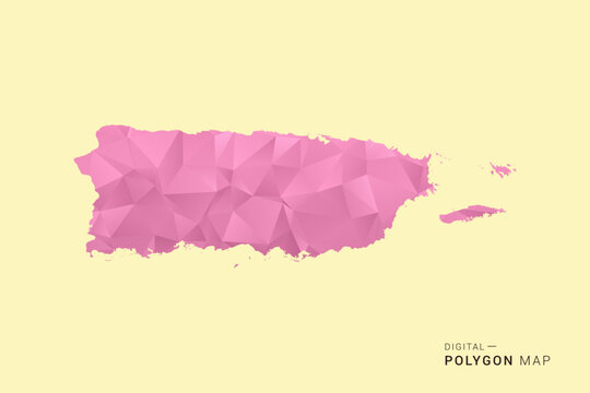Puerto Rico Map - Low poly polygon map design in soft pink pastel gradient on beige background, modern minimal geometric style, clean digital vector illustration.