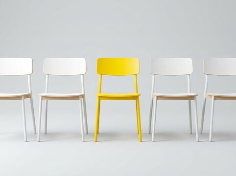 A row of four white chairs with a standout yellow chair in the center, symbolizing choice.